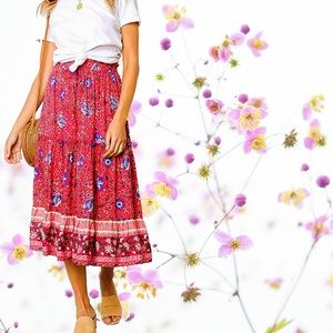 Bohemian Floral Tiered Midi Skirt (Small)
